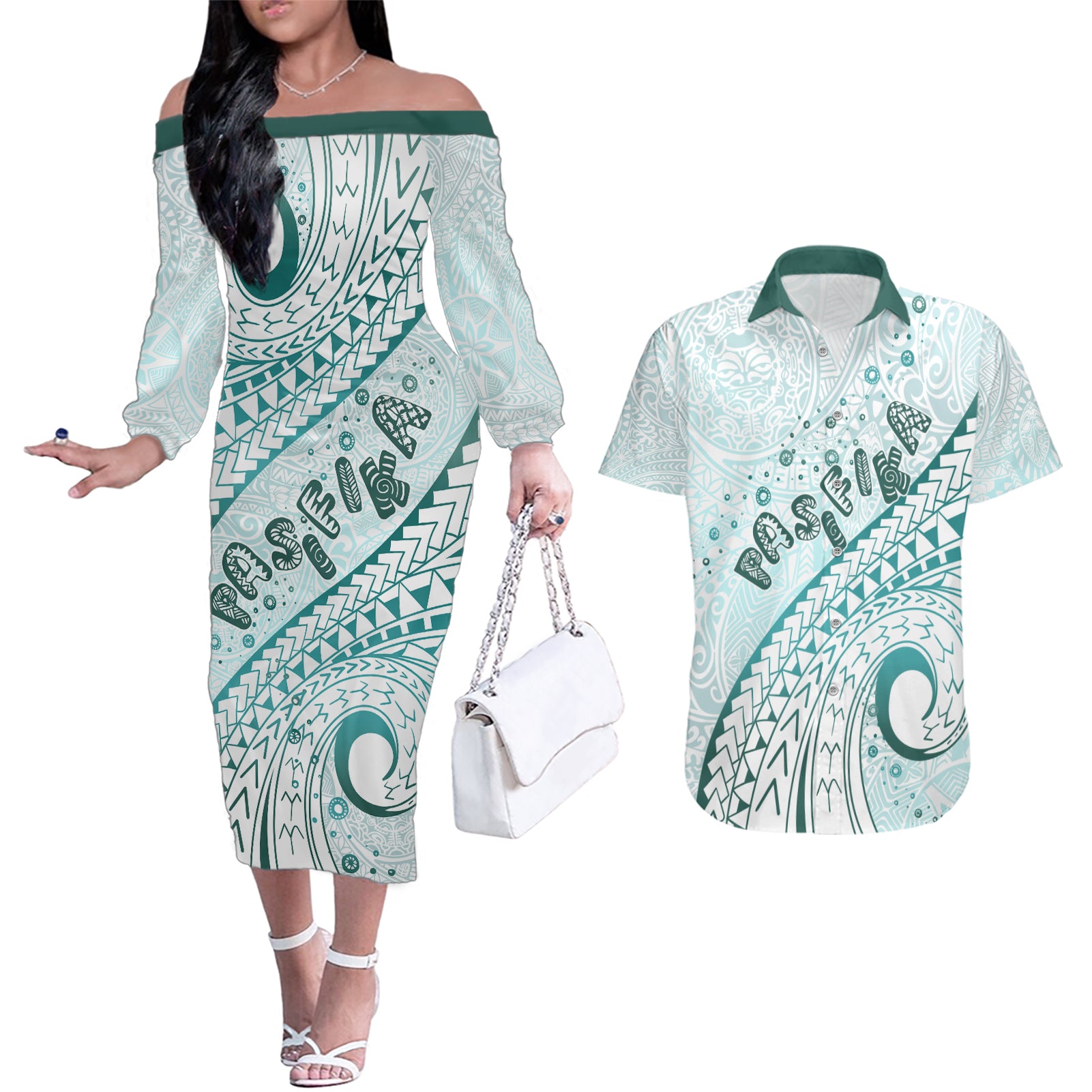 Pasifika Festival Couples Matching Off The Shoulder Long Sleeve Dress and Hawaiian Shirt Tribal Pattern Teal Version LT01 Teal - Polynesian Pride