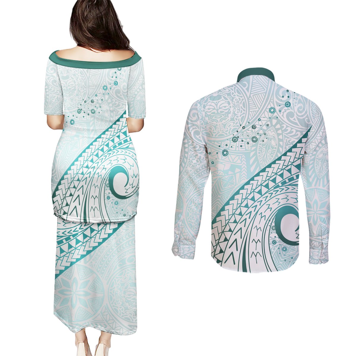 Pasifika Festival Couples Matching Puletasi and Long Sleeve Button Shirt Tribal Pattern Teal Version LT01 - Polynesian Pride