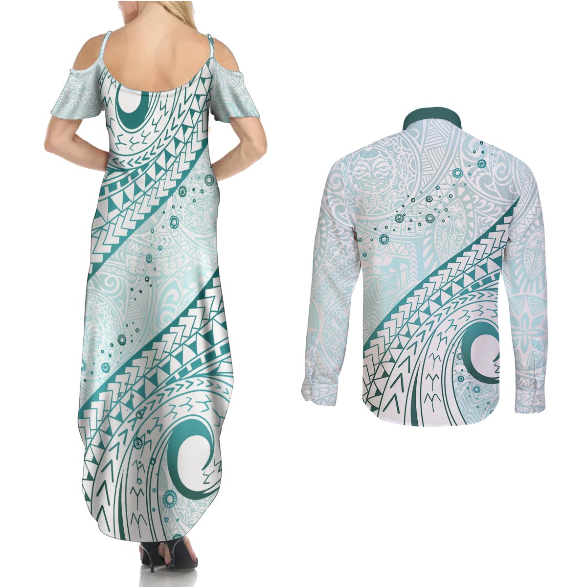 Pasifika Festival Couples Matching Summer Maxi Dress and Long Sleeve Button Shirt Tribal Pattern Teal Version LT01 - Polynesian Pride