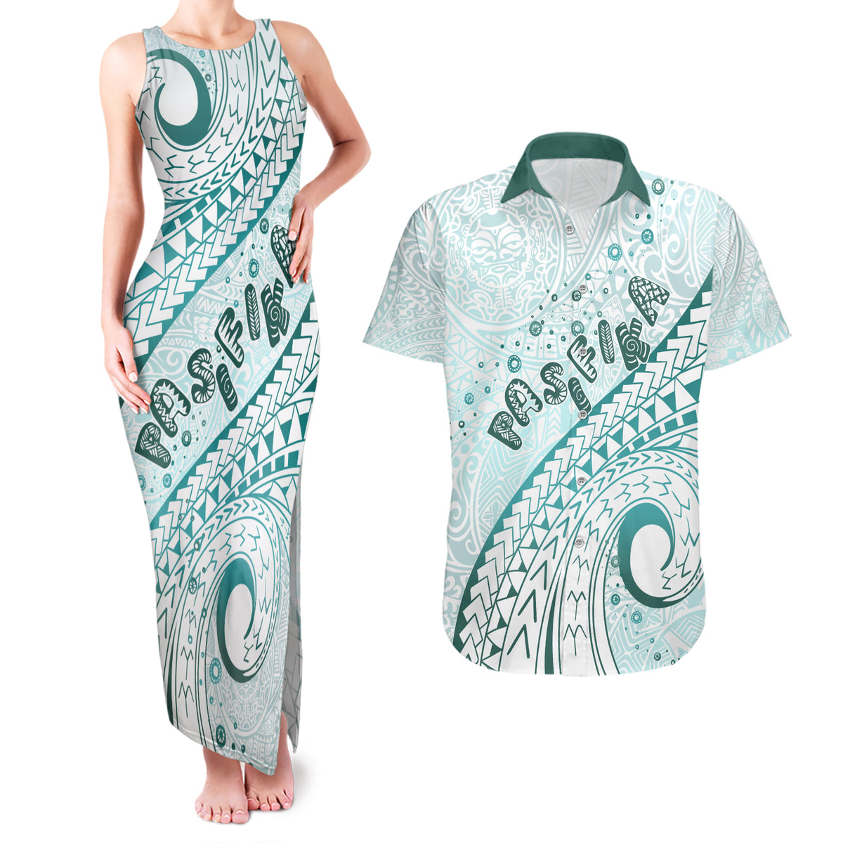 Pasifika Festival Couples Matching Tank Maxi Dress and Hawaiian Shirt Tribal Pattern Teal Version LT01 Teal - Polynesian Pride
