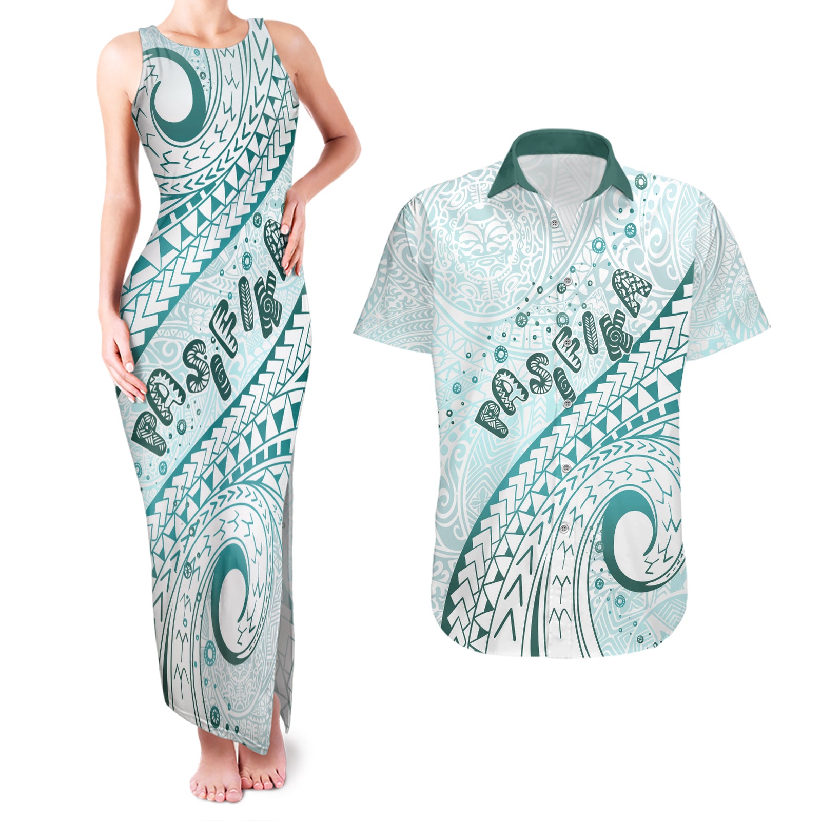 Pasifika Festival Couples Matching Tank Maxi Dress and Hawaiian Shirt Tribal Pattern Teal Version LT01 Teal - Polynesian Pride