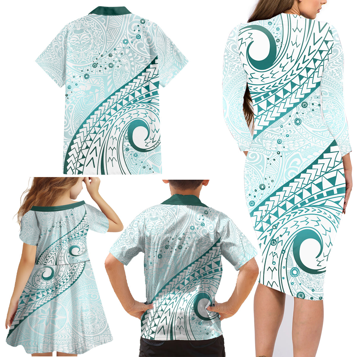 Pasifika Festival Family Matching Long Sleeve Bodycon Dress and Hawaiian Shirt Tribal Pattern Teal Version LT01 - Polynesian Pride