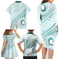 Pasifika Festival Family Matching Long Sleeve Bodycon Dress and Hawaiian Shirt Tribal Pattern Teal Version LT01 - Polynesian Pride