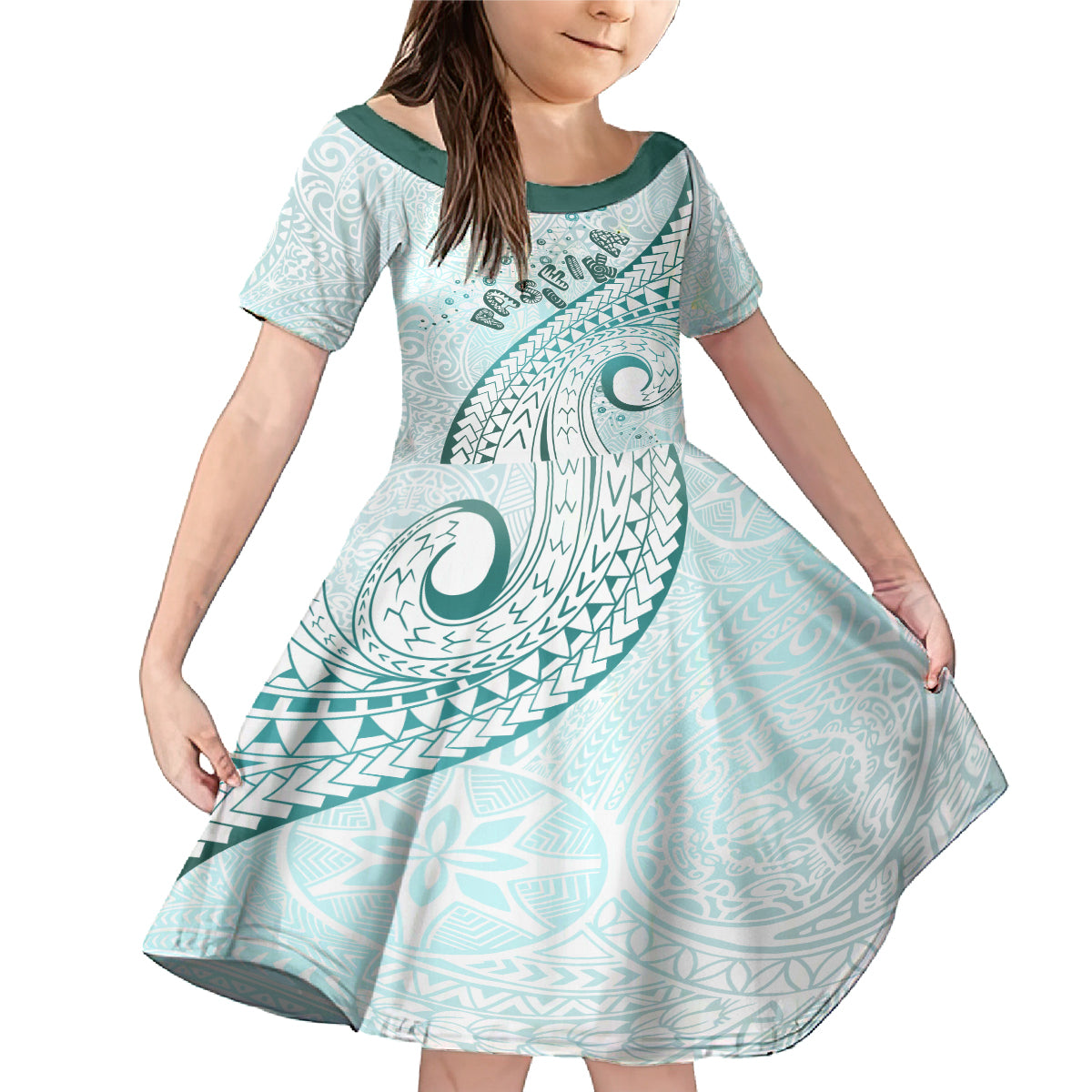 Pasifika Festival Family Matching Mermaid Dress and Hawaiian Shirt Tribal Pattern Teal Version LT01 Daughter's Dress Teal - Polynesian Pride