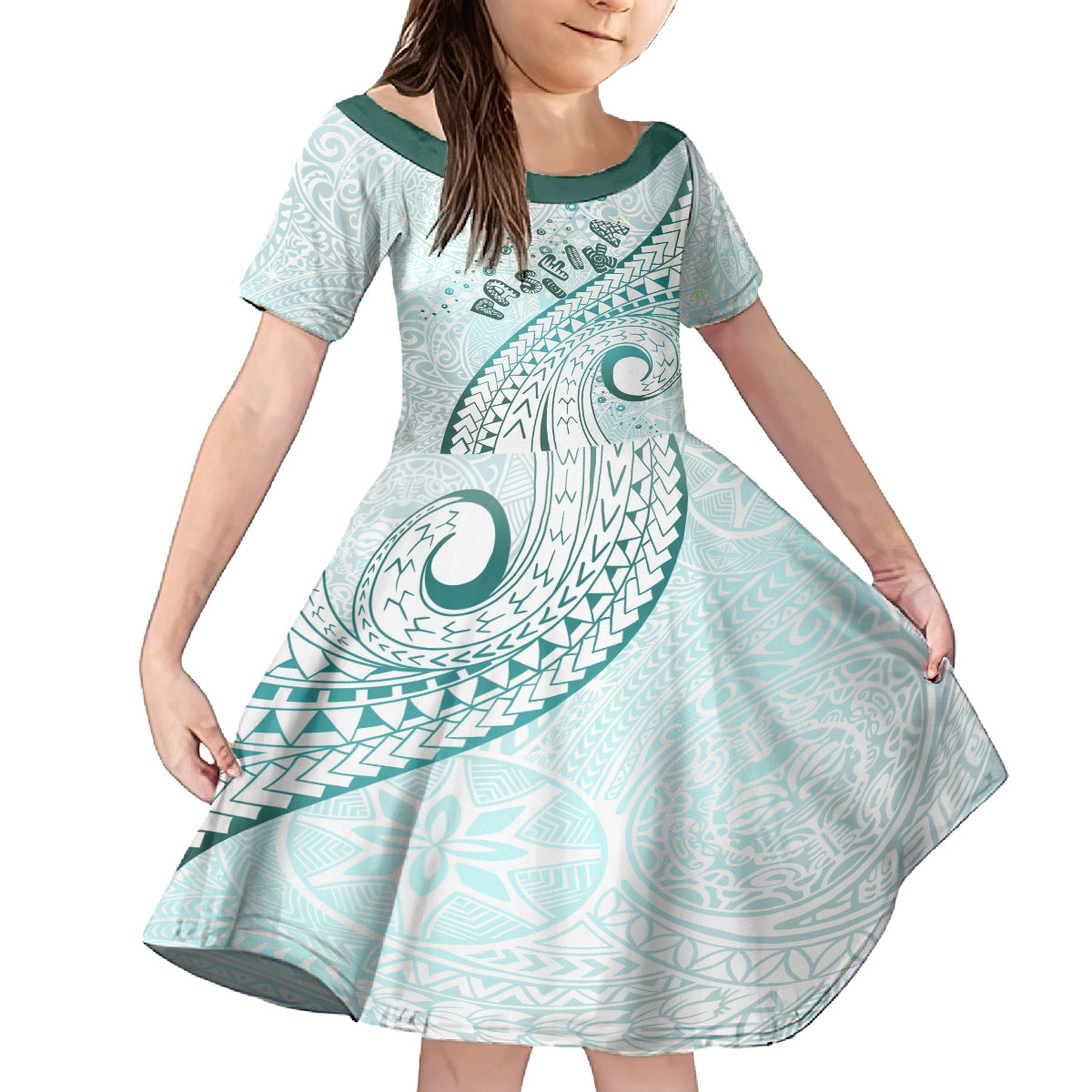 Pasifika Festival Family Matching Off Shoulder Maxi Dress and Hawaiian Shirt Tribal Pattern Teal Version LT01 Daughter's Dress Teal - Polynesian Pride