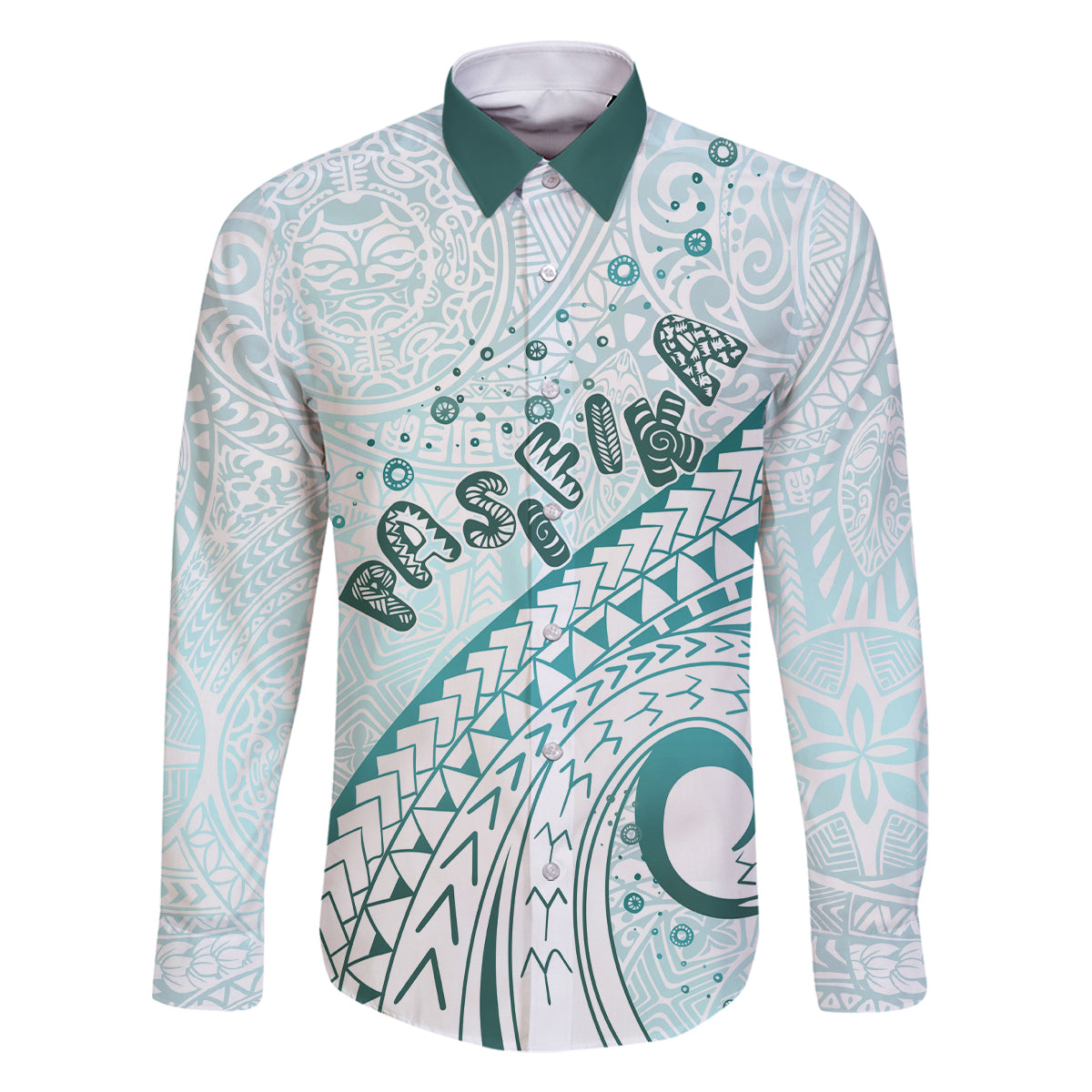 Pasifika Festival Family Matching Off Shoulder Maxi Dress and Hawaiian Shirt Tribal Pattern Teal Version LT01 Dad's Shirt - Long Sleeve Teal - Polynesian Pride