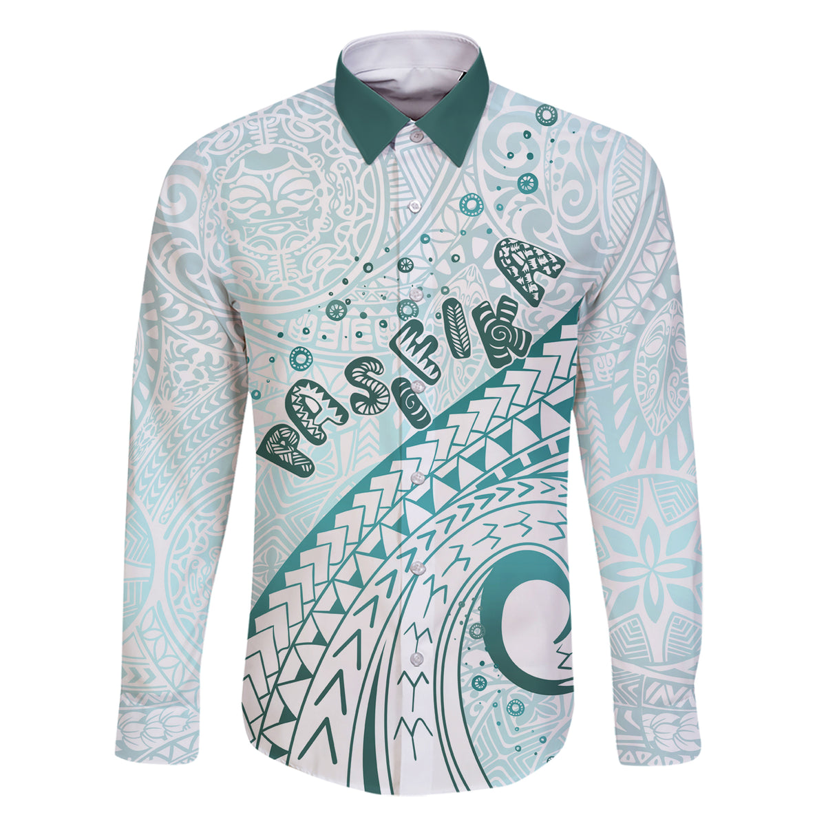 Pasifika Festival Family Matching Short Sleeve Bodycon Dress and Hawaiian Shirt Tribal Pattern Teal Version LT01 Dad's Shirt - Long Sleeve Teal - Polynesian Pride