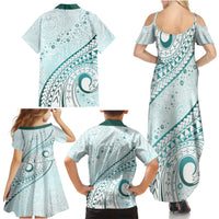 Pasifika Festival Family Matching Summer Maxi Dress and Hawaiian Shirt Tribal Pattern Teal Version LT01 - Polynesian Pride
