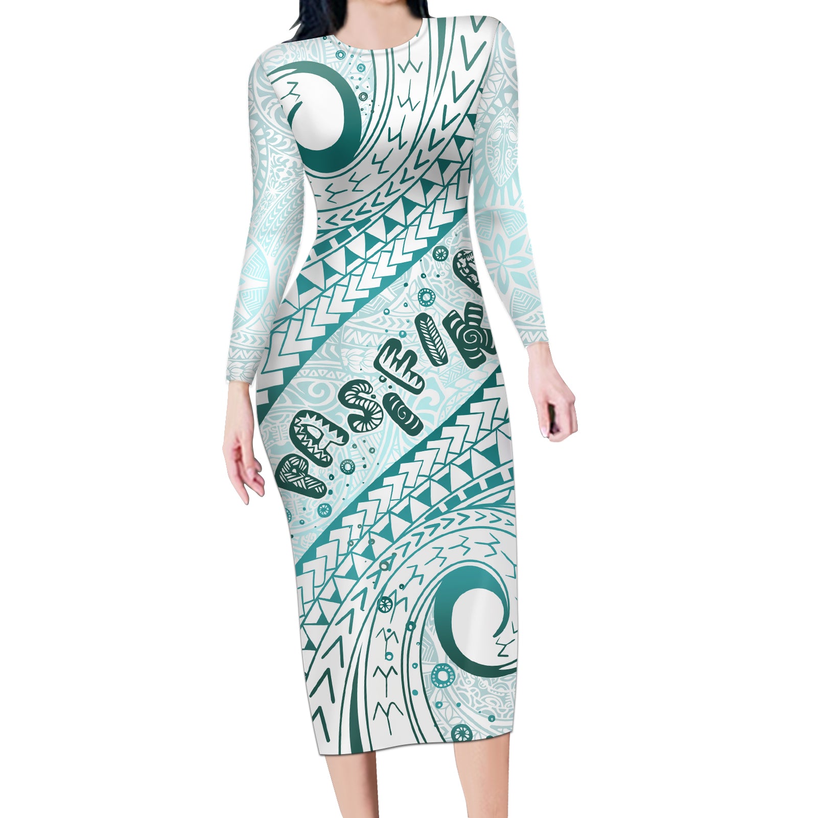 Pasifika Festival Long Sleeve Bodycon Dress Tribal Pattern Teal Version LT01 Long Dress Teal - Polynesian Pride
