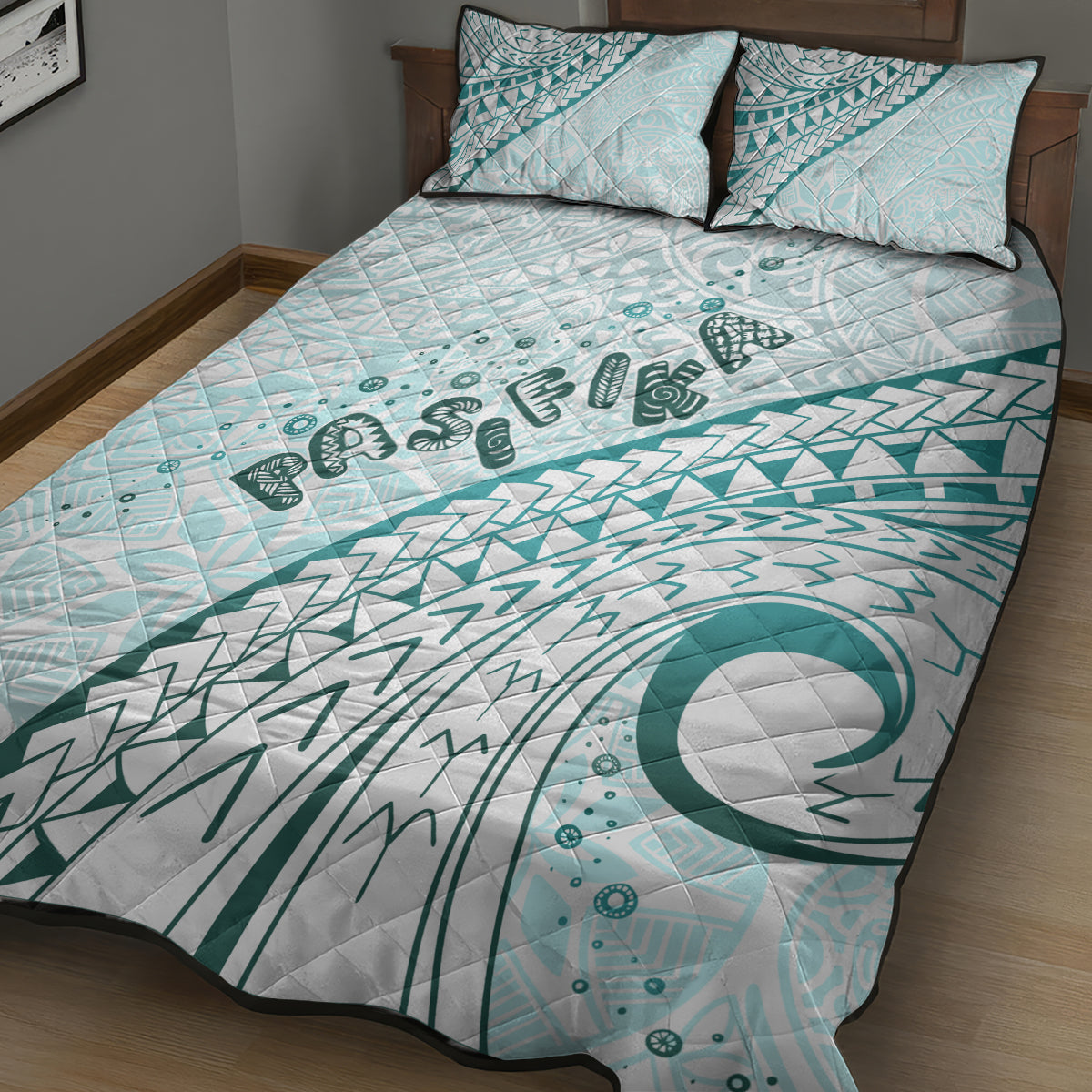 Pasifika Festival Quilt Bed Set Tribal Pattern Teal Version