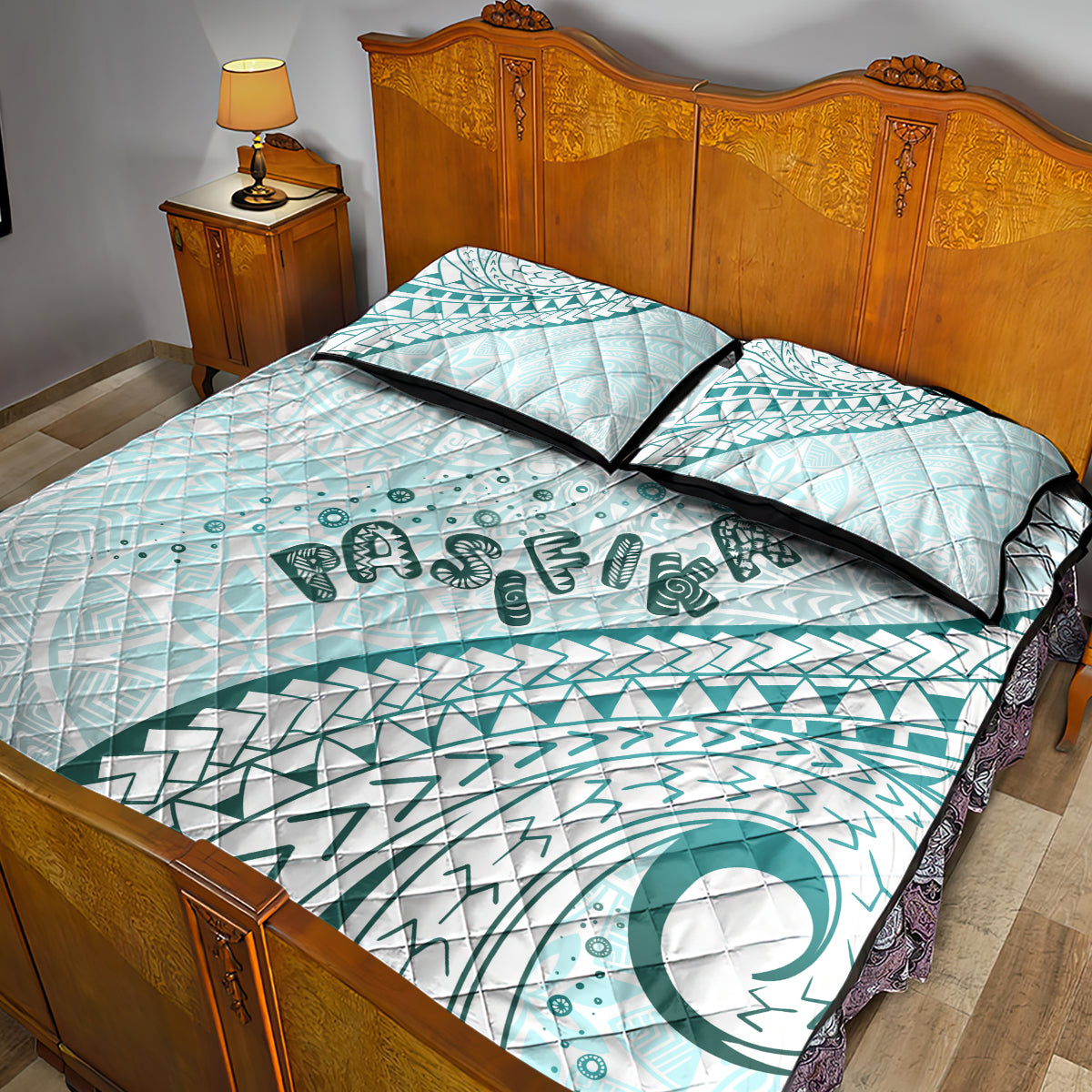 Pasifika Festival Quilt Bed Set Tribal Pattern Teal Version