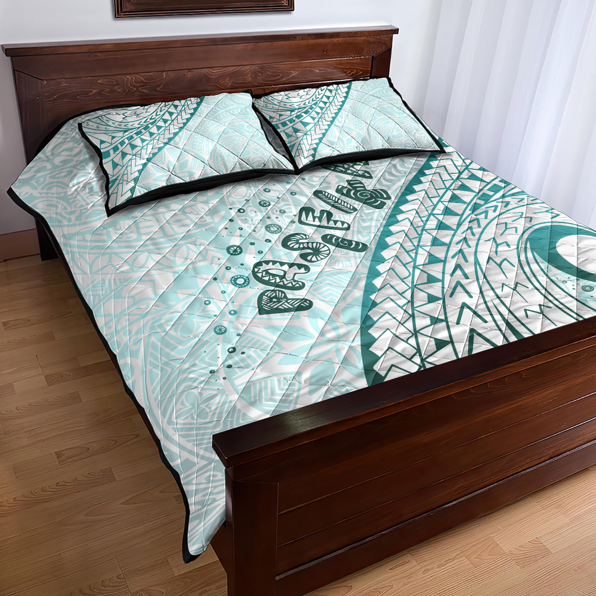Pasifika Festival Quilt Bed Set Tribal Pattern Teal Version