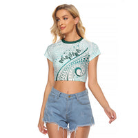 Pasifika Festival Raglan Cropped T Shirt Tribal Pattern Teal Version LT01 Female Teal - Polynesian Pride