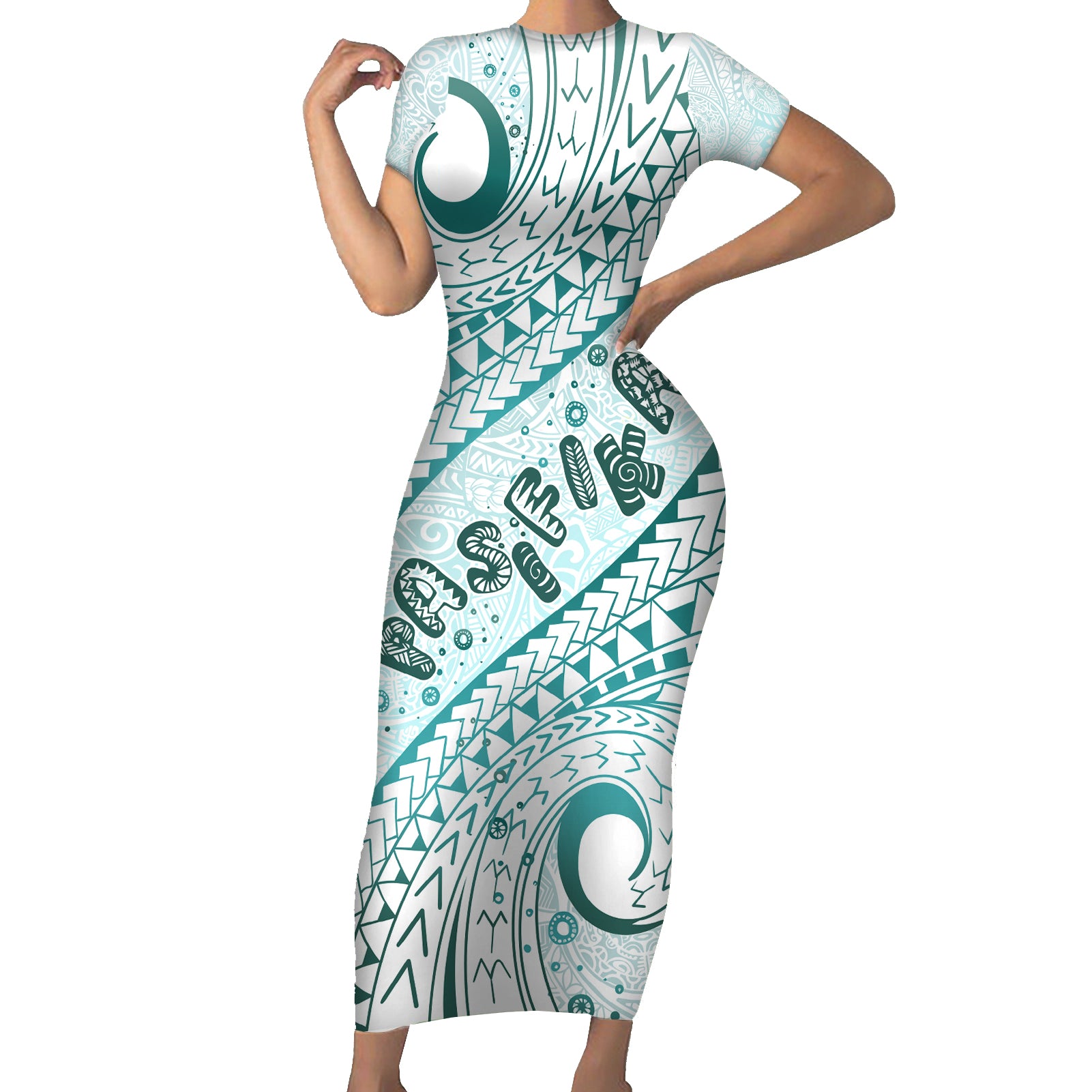 Pasifika Festival Short Sleeve Bodycon Dress Tribal Pattern Teal Version LT01 Long Dress Teal - Polynesian Pride