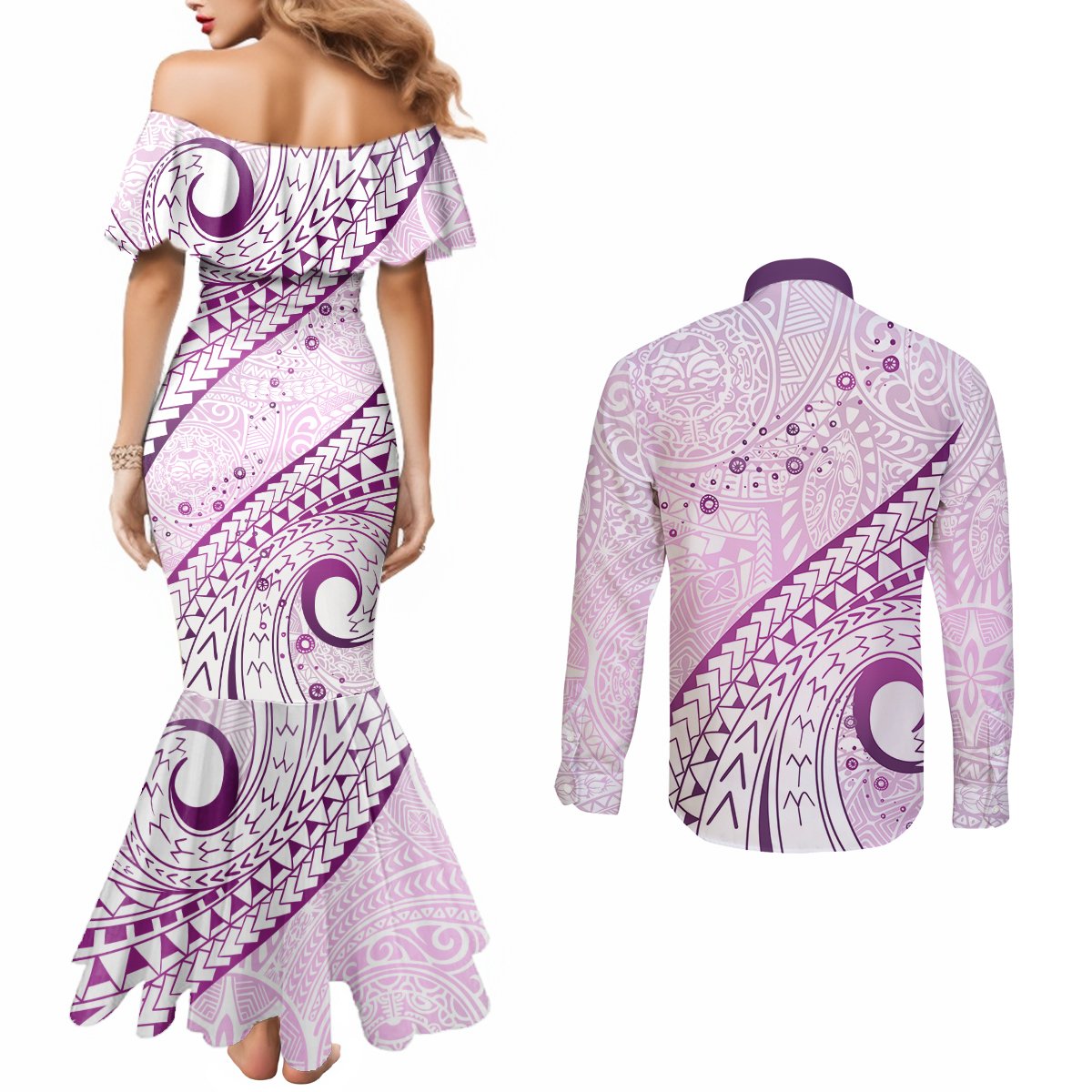 Pasifika Festival Couples Matching Mermaid Dress and Long Sleeve Button Shirt Tribal Pattern Lilac Version LT01 - Polynesian Pride