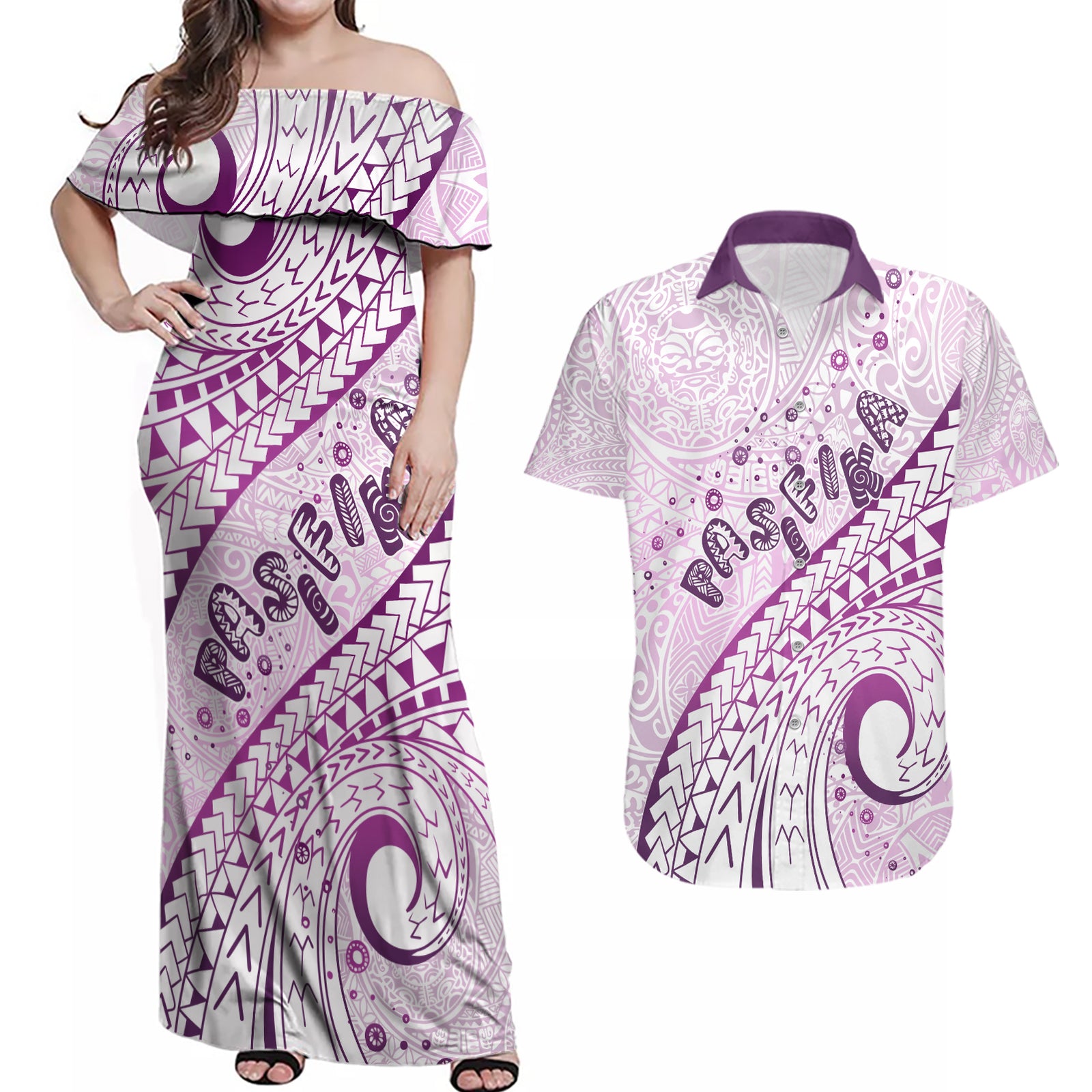 Pasifika Festival Couples Matching Off Shoulder Maxi Dress and Hawaiian Shirt Tribal Pattern Lilac Version LT01 Purple - Polynesian Pride