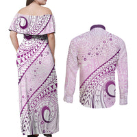 Pasifika Festival Couples Matching Off Shoulder Maxi Dress and Long Sleeve Button Shirt Tribal Pattern Lilac Version LT01 - Polynesian Pride