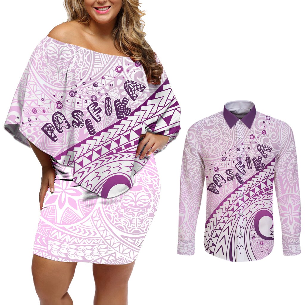 Pasifika Festival Couples Matching Off Shoulder Short Dress and Long Sleeve Button Shirt Tribal Pattern Lilac Version LT01 Purple - Polynesian Pride