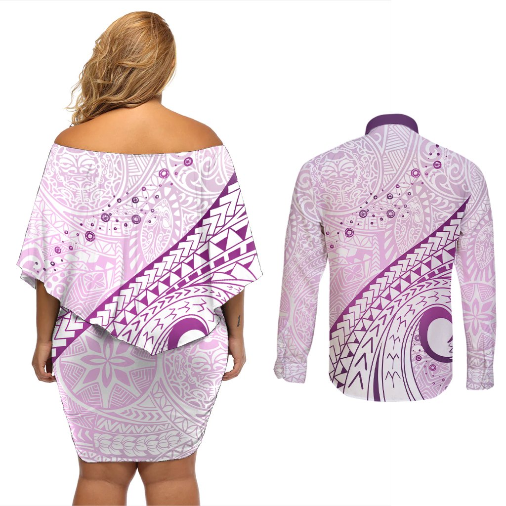 Pasifika Festival Couples Matching Off Shoulder Short Dress and Long Sleeve Button Shirt Tribal Pattern Lilac Version LT01 - Polynesian Pride