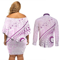 Pasifika Festival Couples Matching Off Shoulder Short Dress and Long Sleeve Button Shirt Tribal Pattern Lilac Version LT01 - Polynesian Pride