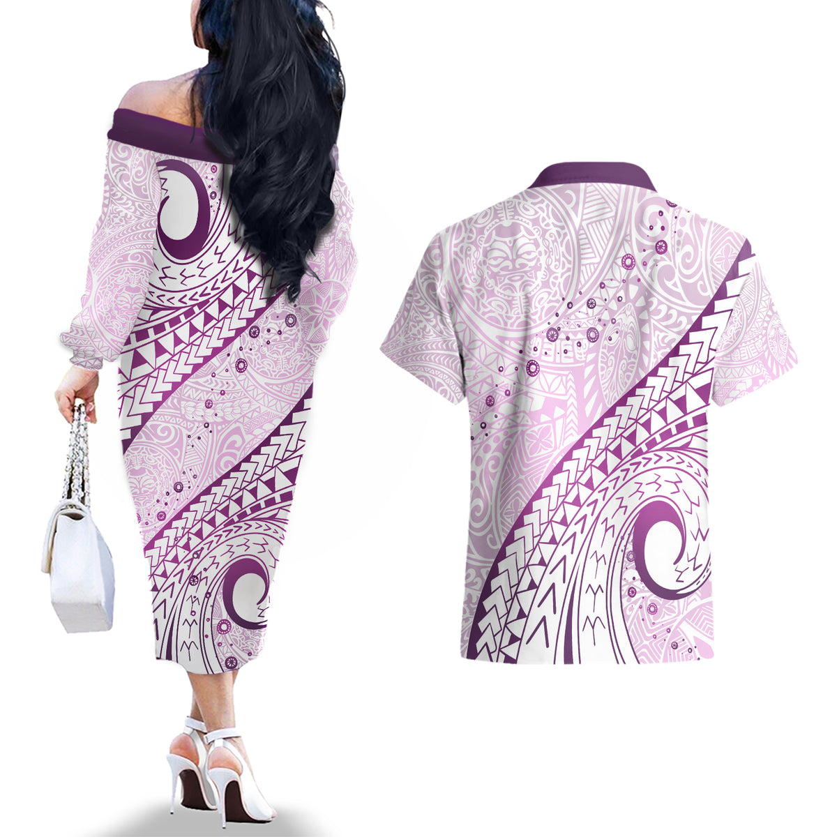 Pasifika Festival Couples Matching Off The Shoulder Long Sleeve Dress and Hawaiian Shirt Tribal Pattern Lilac Version LT01 - Polynesian Pride