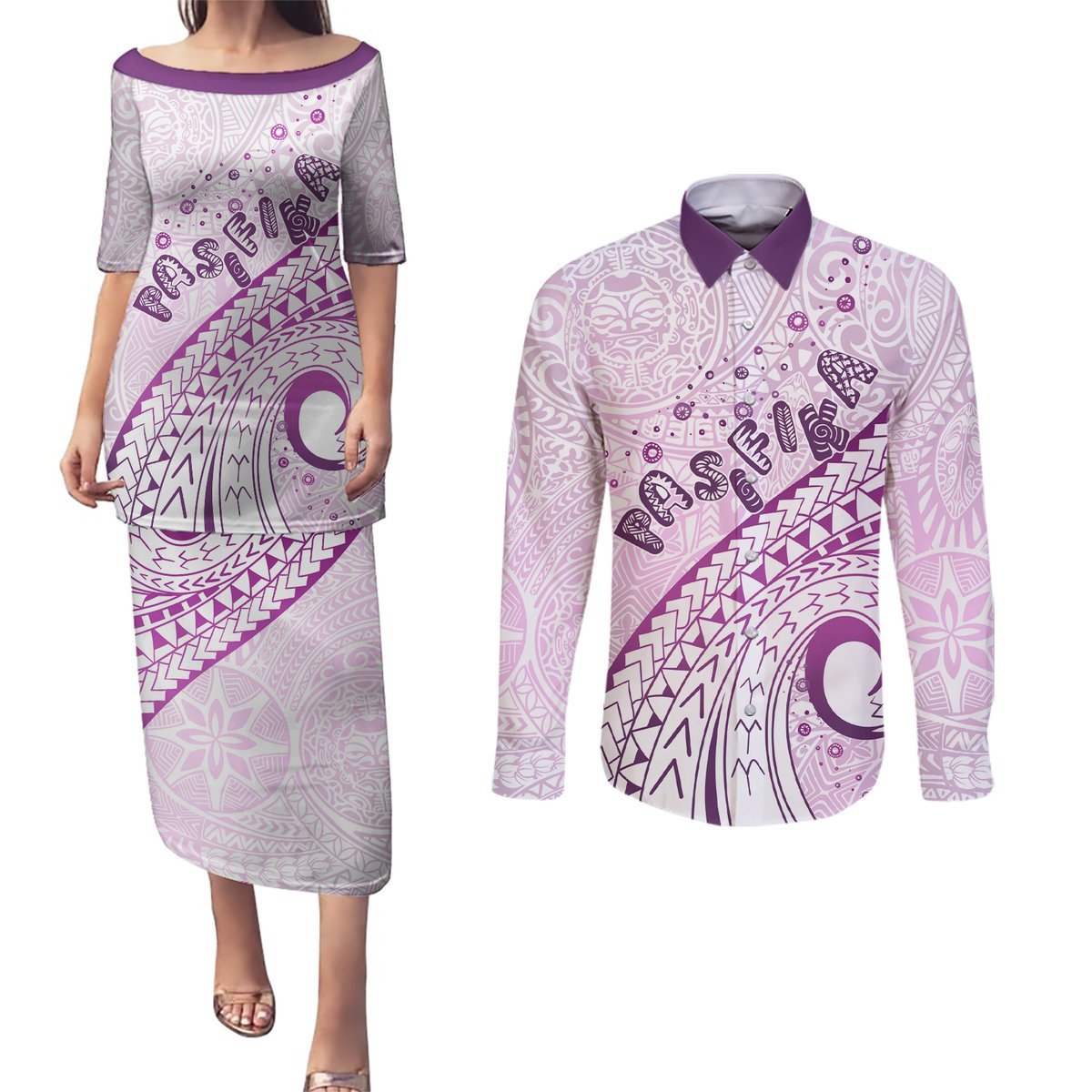Pasifika Festival Couples Matching Puletasi and Long Sleeve Button Shirt Tribal Pattern Lilac Version LT01 Purple - Polynesian Pride