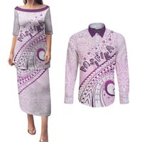Pasifika Festival Couples Matching Puletasi and Long Sleeve Button Shirt Tribal Pattern Lilac Version LT01 Purple - Polynesian Pride