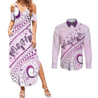 Pasifika Festival Couples Matching Summer Maxi Dress and Long Sleeve Button Shirt Tribal Pattern Lilac Version LT01 Purple - Polynesian Pride