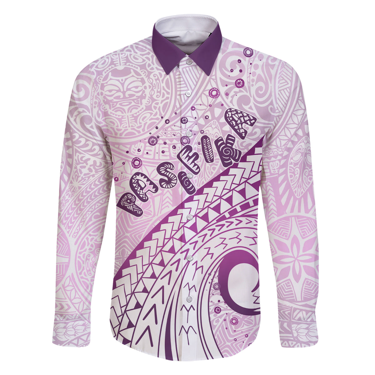 Pasifika Festival Family Matching Long Sleeve Bodycon Dress and Hawaiian Shirt Tribal Pattern Lilac Version LT01 Dad's Shirt - Long Sleeve Purple - Polynesian Pride