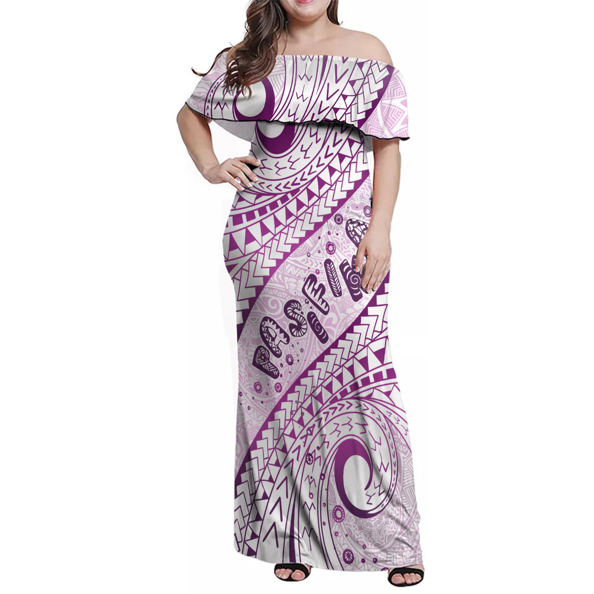 Pasifika Festival Family Matching Off Shoulder Maxi Dress and Hawaiian Shirt Tribal Pattern Lilac Version LT01 Mom's Dress Purple - Polynesian Pride