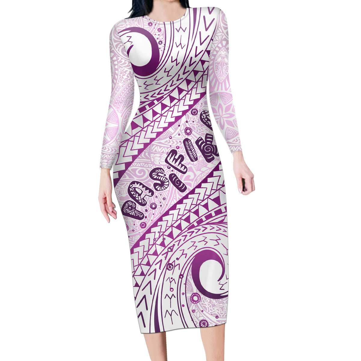 Pasifika Festival Long Sleeve Bodycon Dress Tribal Pattern Lilac Version LT01 Long Dress Purple - Polynesian Pride