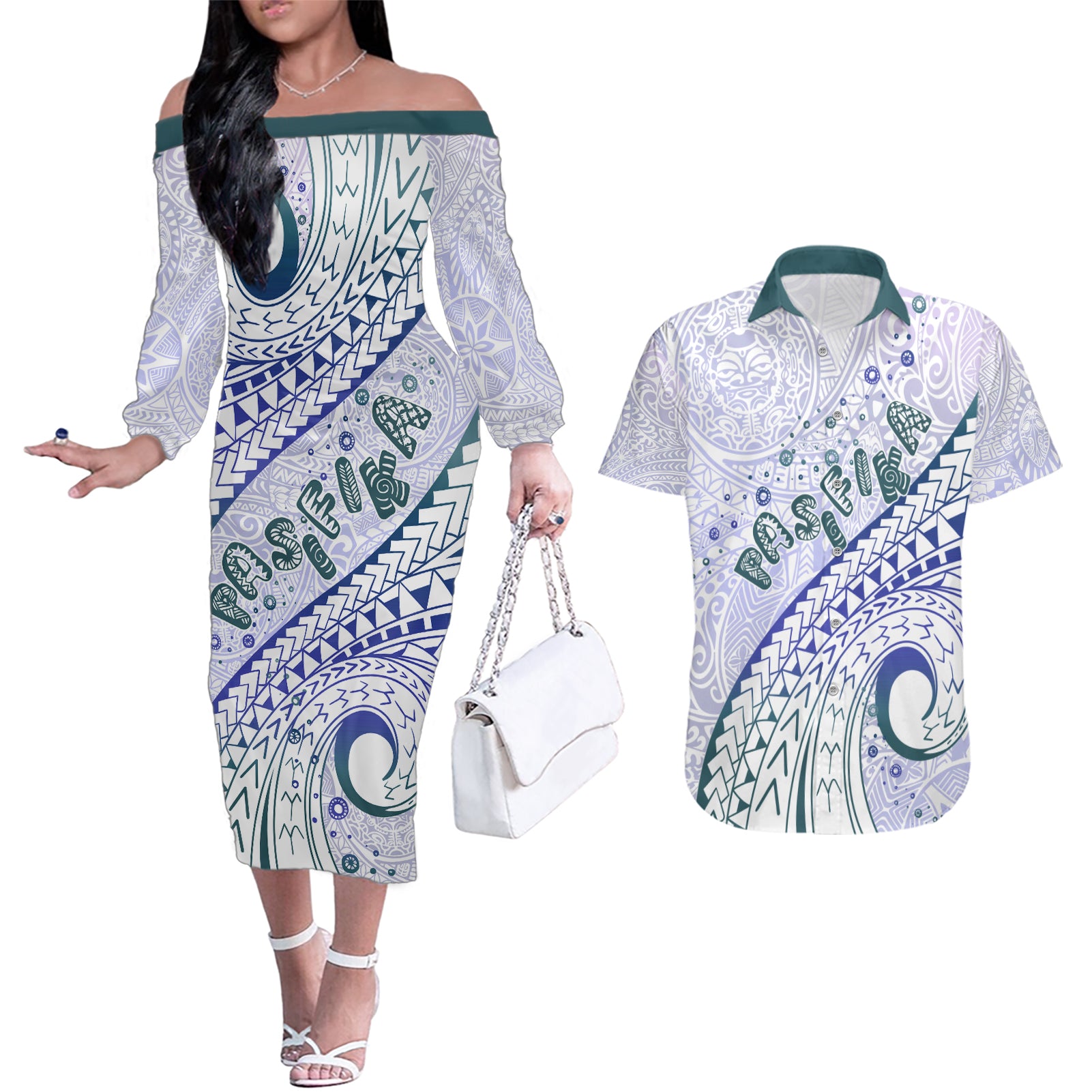 Pasifika Festival Couples Matching Off The Shoulder Long Sleeve Dress and Hawaiian Shirt Tribal Pattern Violet Version LT01 Purple - Polynesian Pride