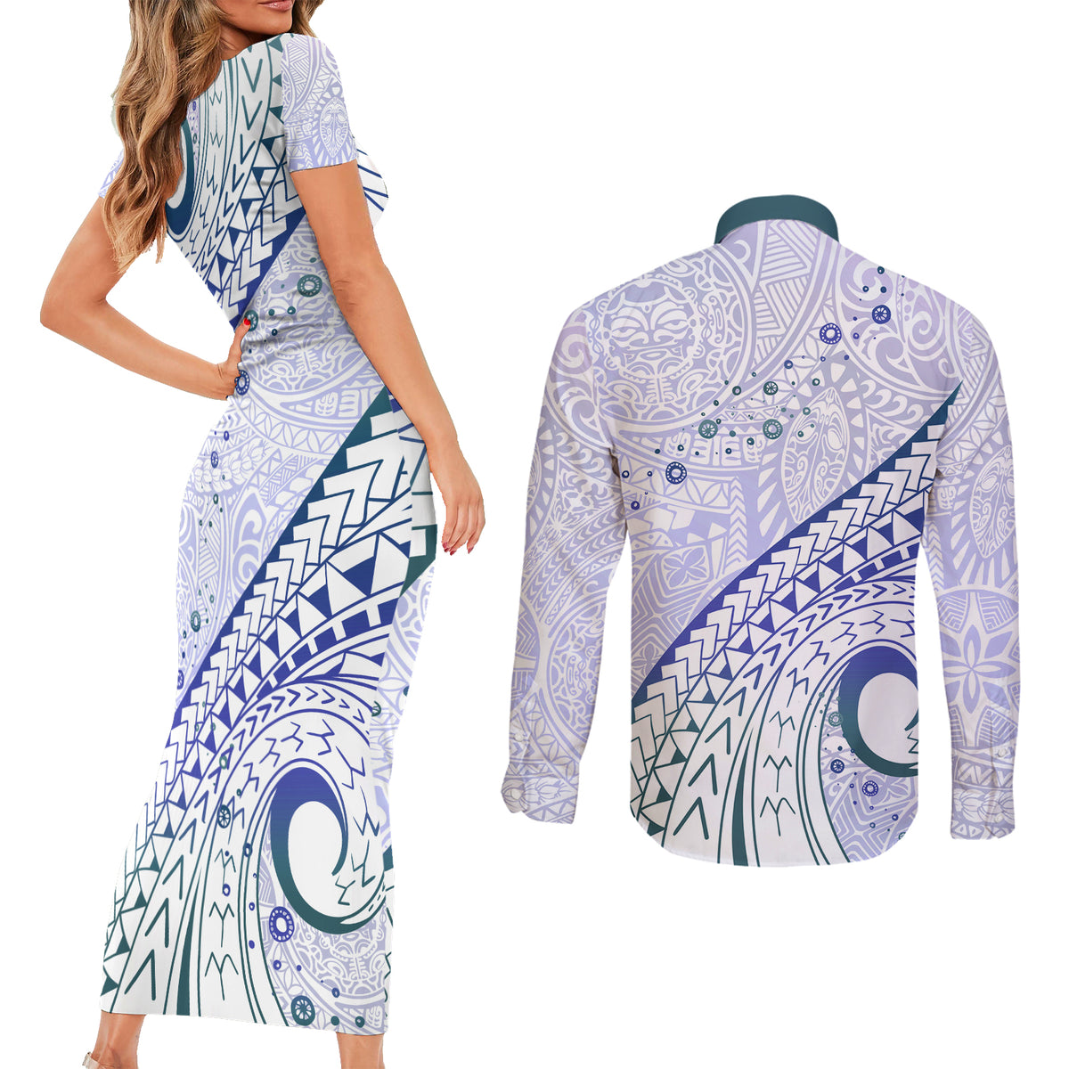 Pasifika Festival Couples Matching Short Sleeve Bodycon Dress and Long Sleeve Button Shirt Tribal Pattern Violet Version LT01 - Polynesian Pride
