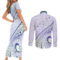 Pasifika Festival Couples Matching Short Sleeve Bodycon Dress and Long Sleeve Button Shirt Tribal Pattern Violet Version LT01 - Polynesian Pride
