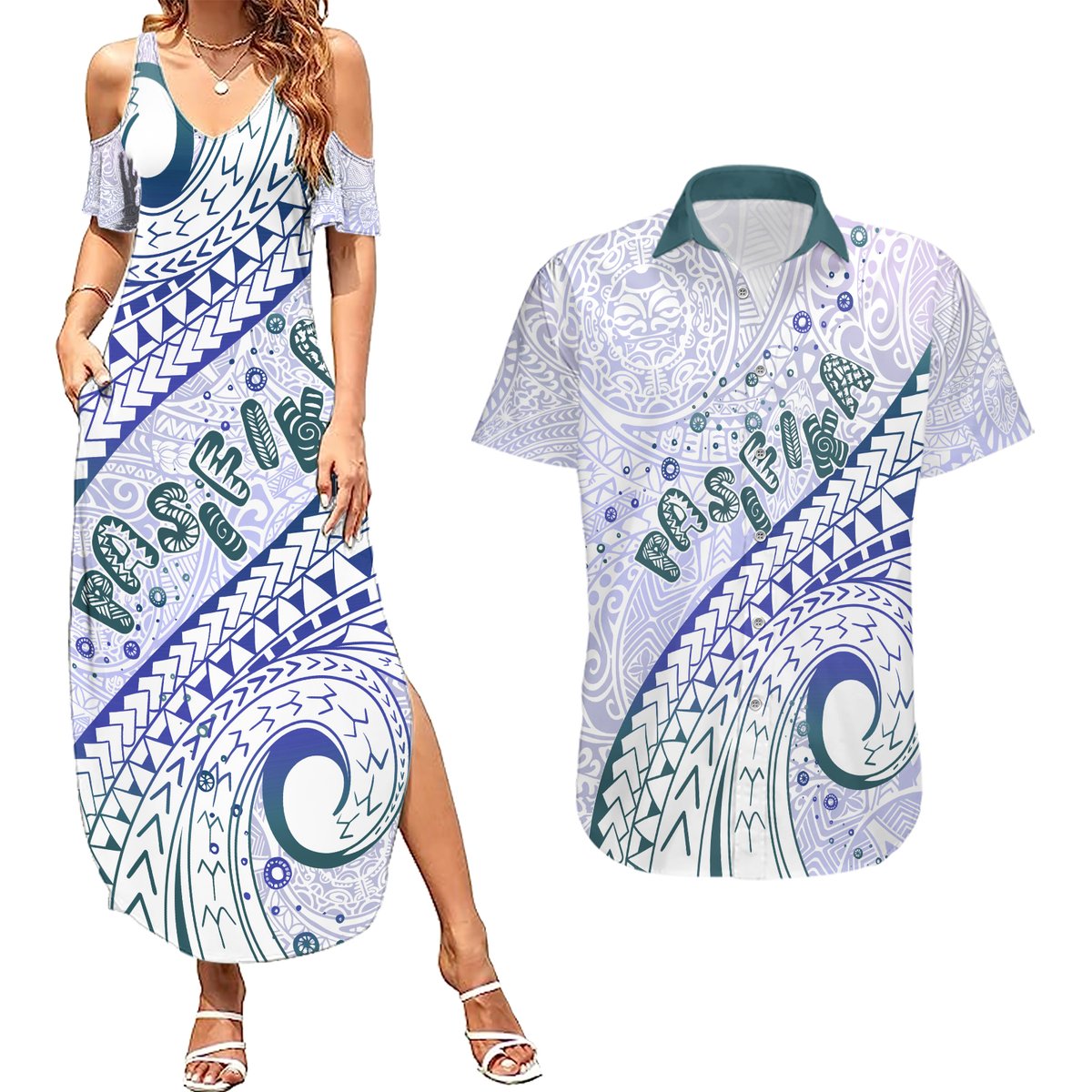 Pasifika Festival Couples Matching Summer Maxi Dress and Hawaiian Shirt Tribal Pattern Violet Version LT01 Purple - Polynesian Pride