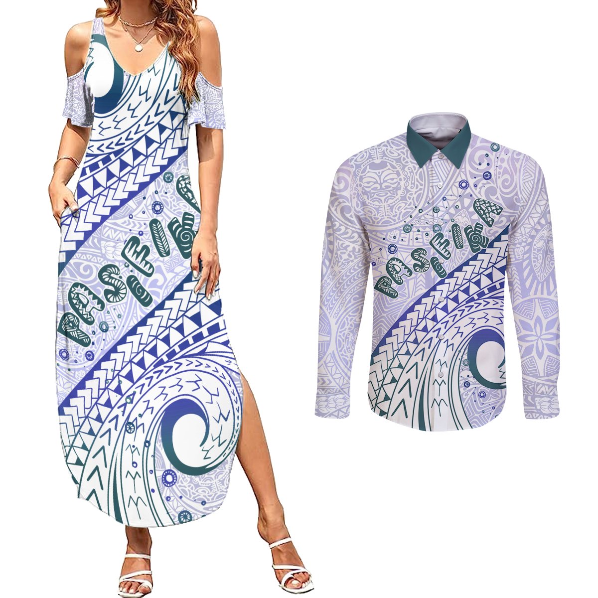 Pasifika Festival Couples Matching Summer Maxi Dress and Long Sleeve Button Shirt Tribal Pattern Violet Version LT01 Purple - Polynesian Pride