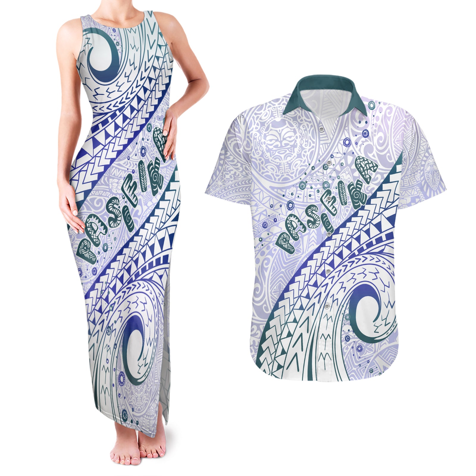 Pasifika Festival Couples Matching Tank Maxi Dress and Hawaiian Shirt Tribal Pattern Violet Version LT01 Purple - Polynesian Pride