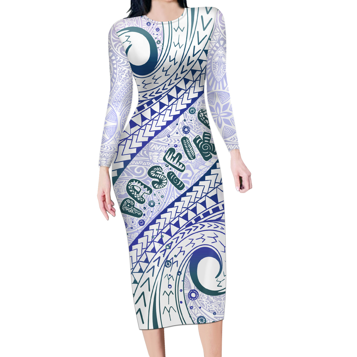 Pasifika Festival Long Sleeve Bodycon Dress Tribal Pattern Violet Version LT01 Long Dress Purple - Polynesian Pride