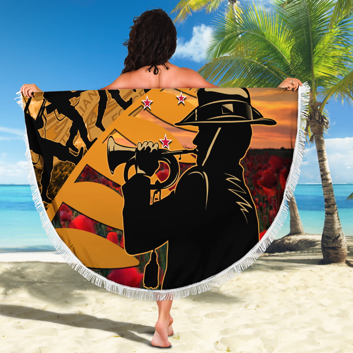 ANZAC Day 2024 Beach Blanket Silver Fern With A Trumpet Soldier