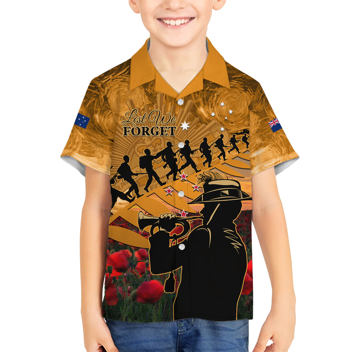 ANZAC Day 2024 Family Matching Off Shoulder Short Dress and Hawaiian Shirt Silver Fern With A Trumpet Soldier LT01 Son's Shirt Art - Polynesian Pride