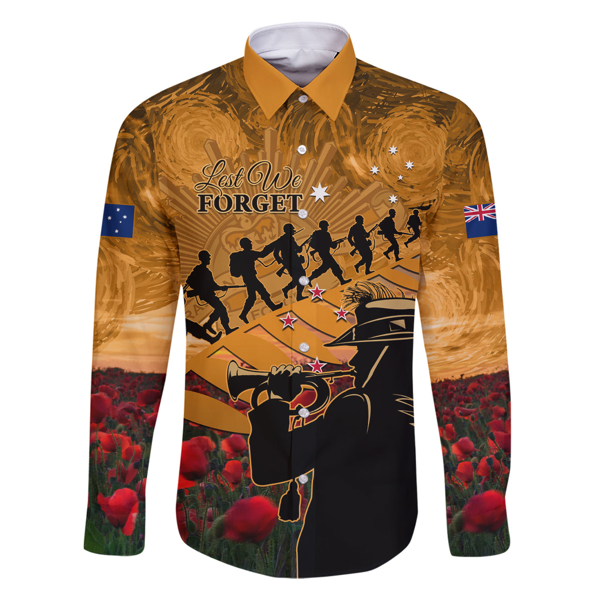 ANZAC Day 2024 Family Matching Puletasi and Hawaiian Shirt Silver Fern With A Trumpet Soldier LT01 Dad's Shirt - Long Sleeve Art - Polynesian Pride