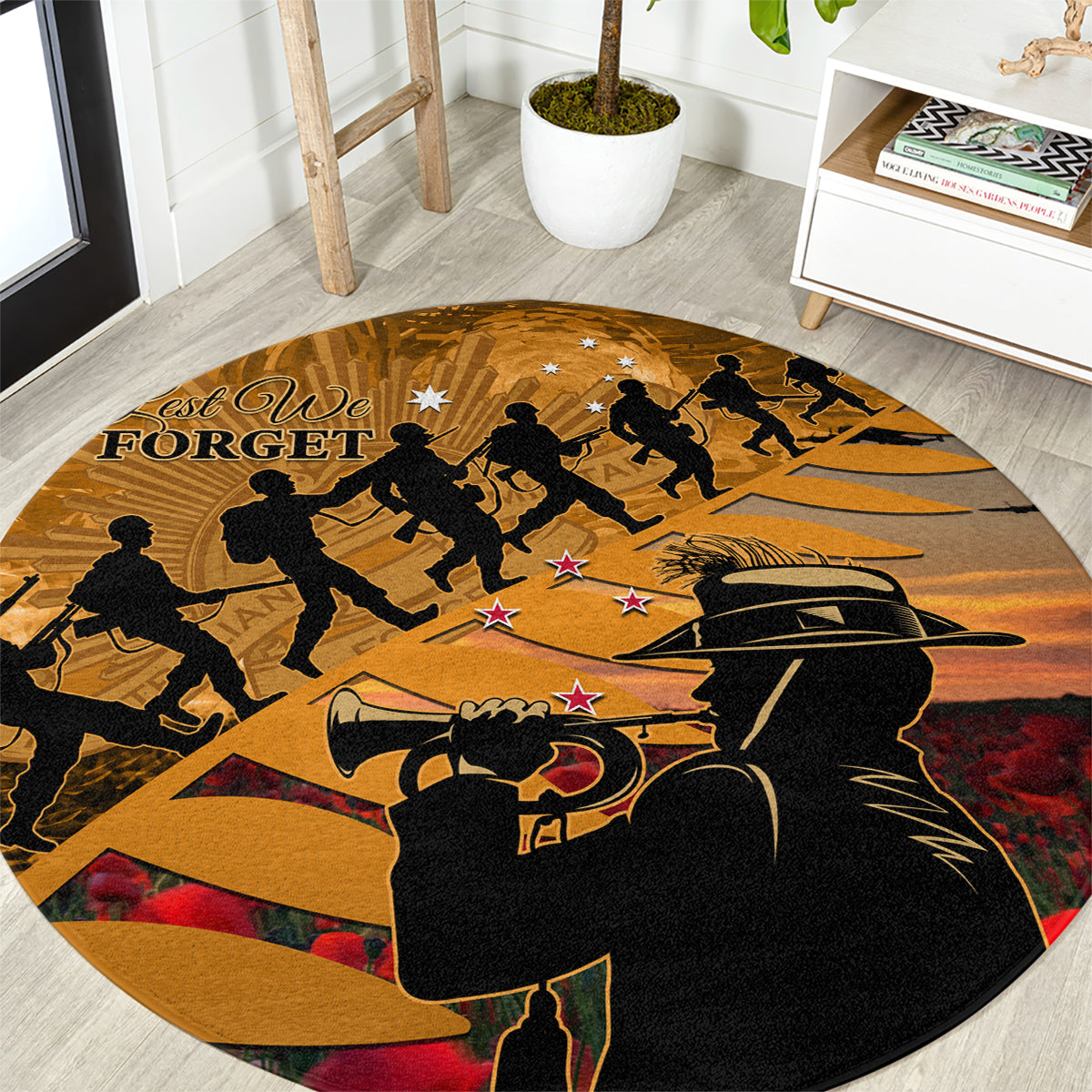 ANZAC Day 2024 Round Carpet Silver Fern With A Trumpet Soldier LT01 Art - Polynesian Pride