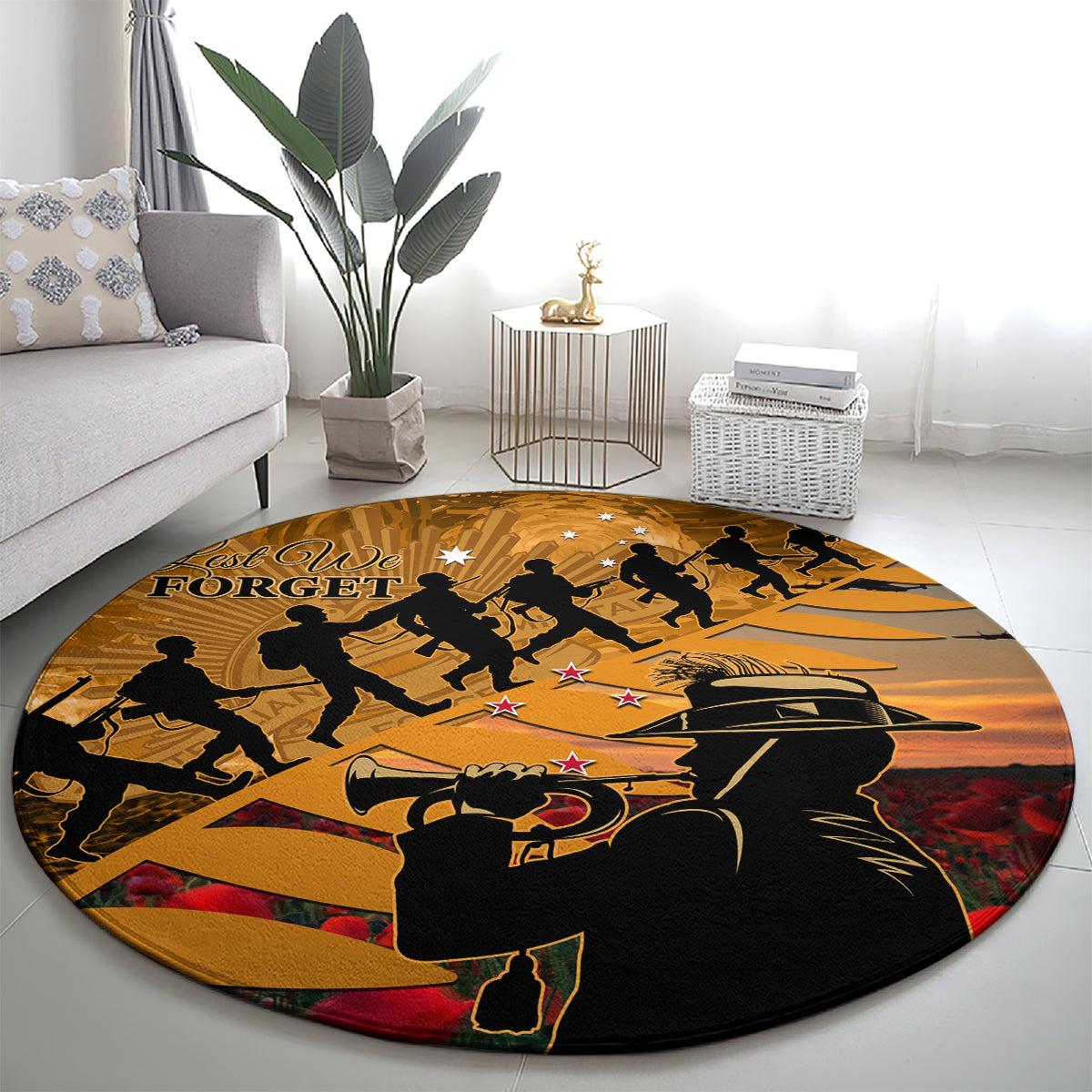 ANZAC Day 2024 Round Carpet Silver Fern With A Trumpet Soldier LT01 - Polynesian Pride