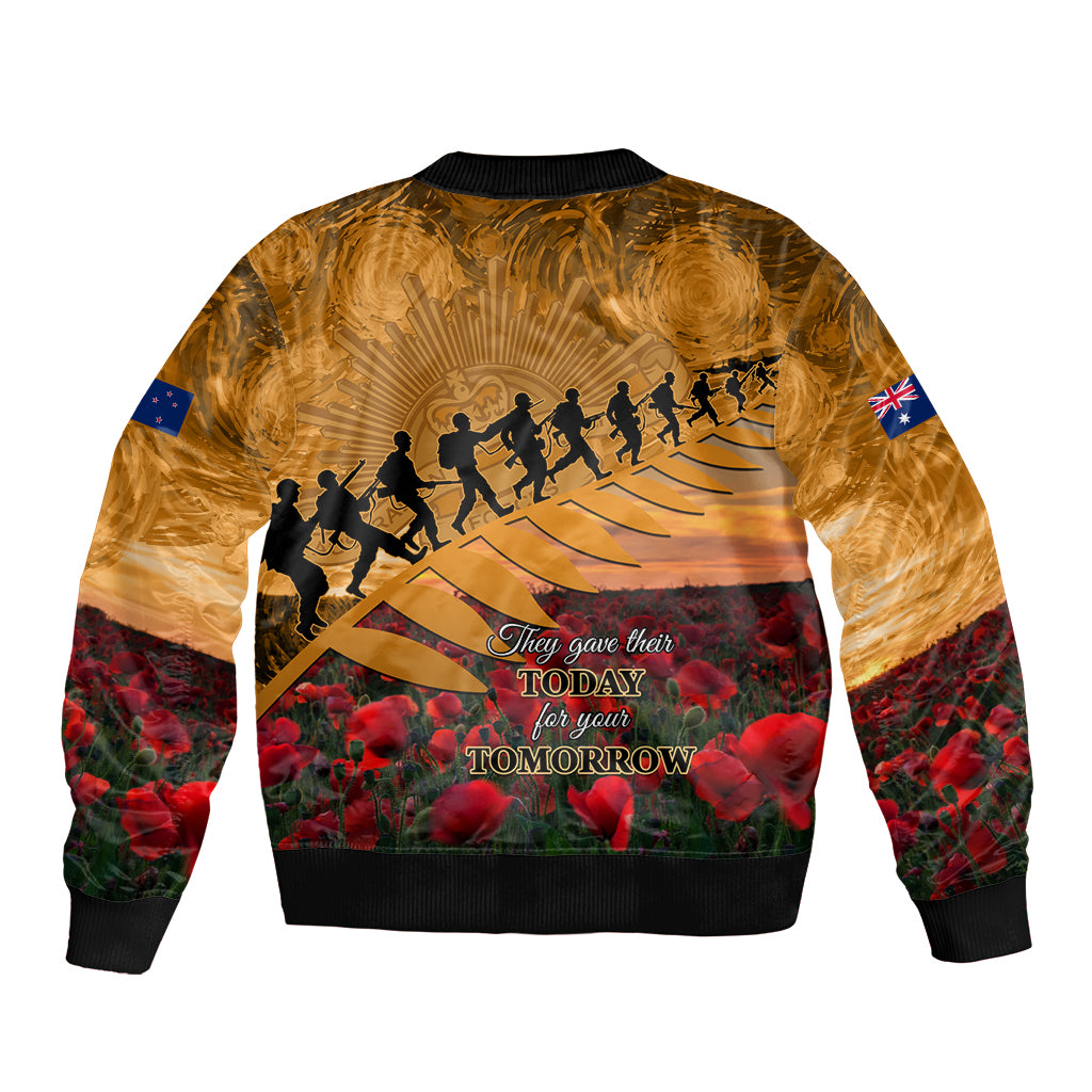 ANZAC Day 2024 Sleeve Zip Bomber Jacket Silver Fern With A Trumpet Soldier LT01 - Polynesian Pride