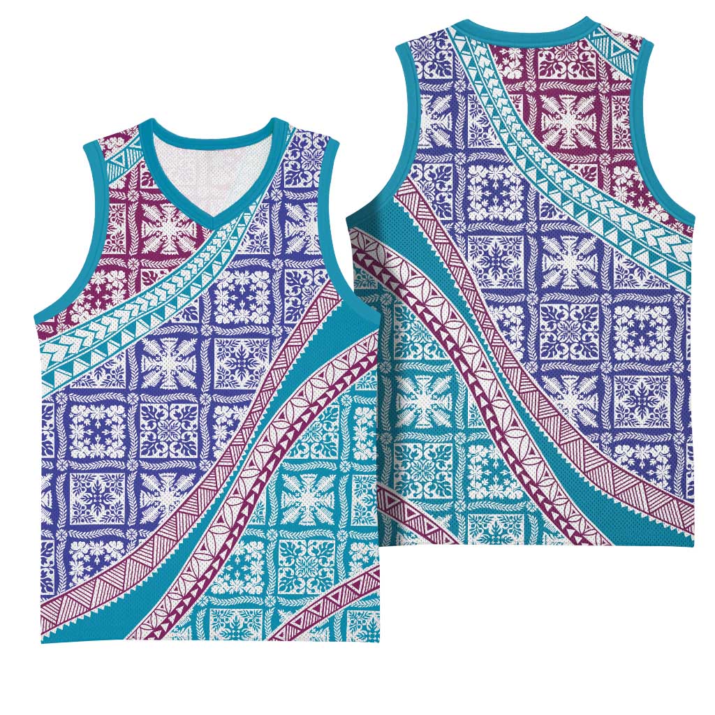 Hawaiian Quilt Pattern Basketball Jersey Purple Blue Color Mixed - Polynesian Pride