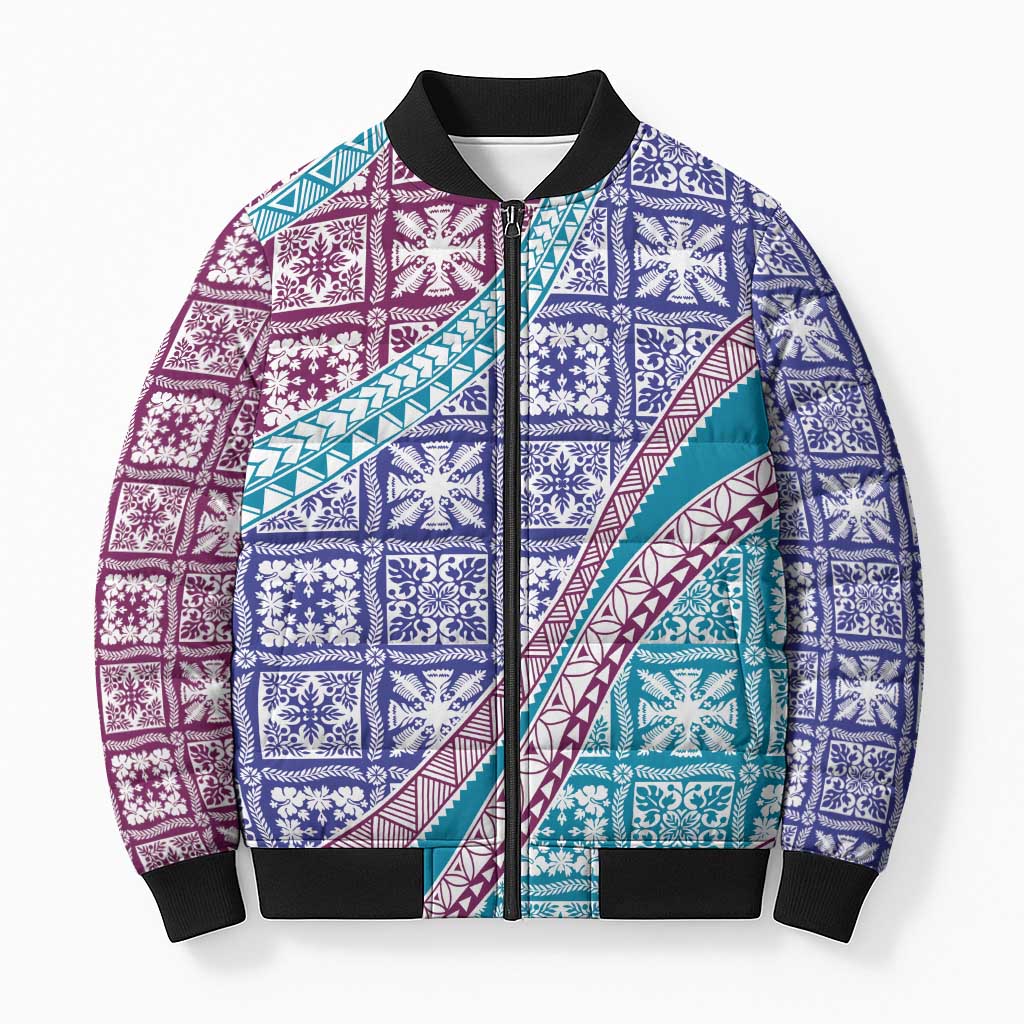 Hawaiian Quilt Pattern Bomber Puffer Jacket Purple Blue Color Mixed - Polynesian Pride