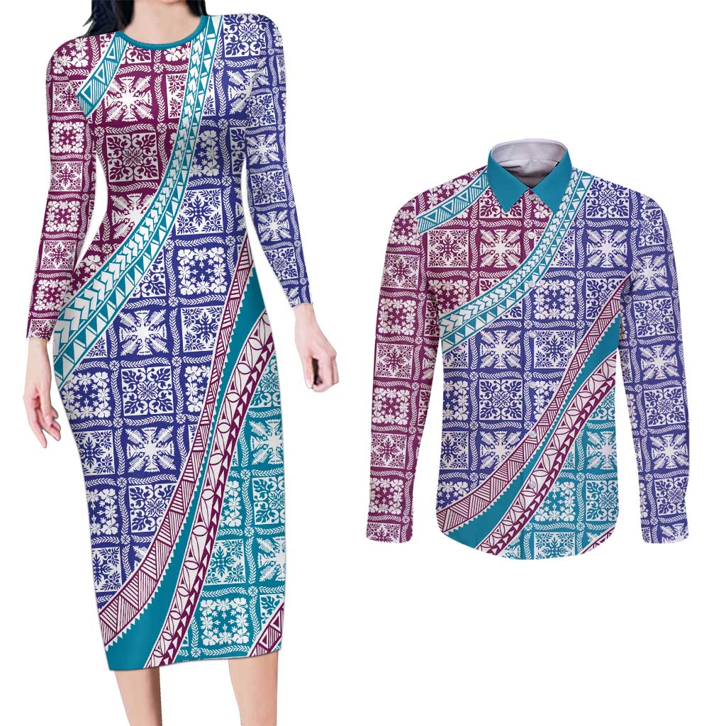 Hawaiian Quilt Pattern Couples Matching Long Sleeve Bodycon Dress and Long Sleeve Button Shirt Purple Blue Color Mixed - Polynesian Pride
