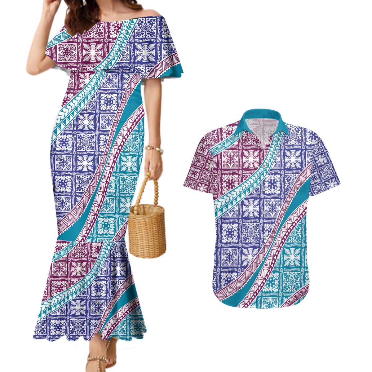 Hawaiian Quilt Pattern Couples Matching Mermaid Dress and Hawaiian Shirt Purple Blue Color Mixed - Polynesian Pride