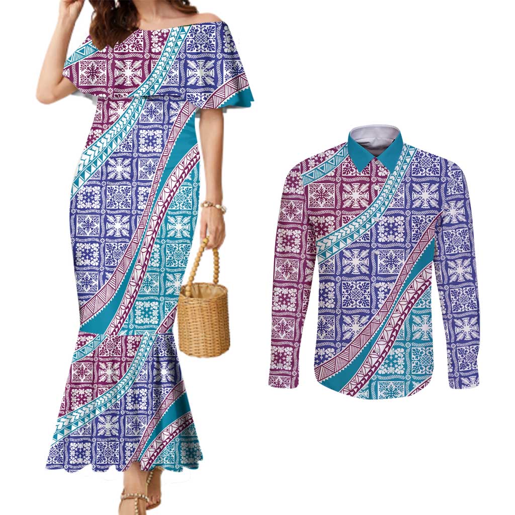 Hawaiian Quilt Pattern Couples Matching Mermaid Dress and Long Sleeve Button Shirt Purple Blue Color Mixed - Polynesian Pride
