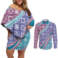 Hawaiian Quilt Pattern Couples Matching Off Shoulder Short Dress and Long Sleeve Button Shirt Purple Blue Color Mixed - Polynesian Pride